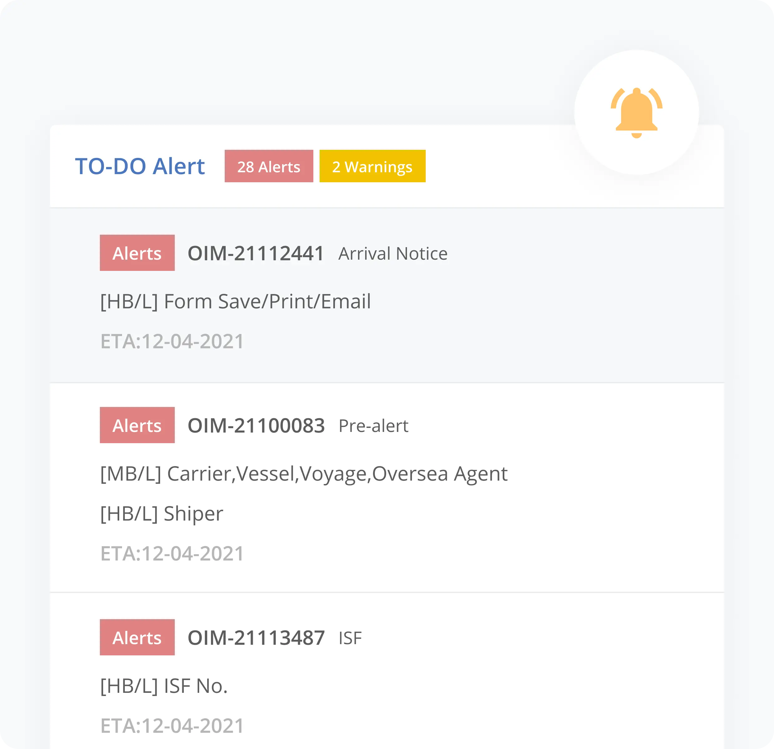 GoFreight’s To-Do Alerts, with alerts relating to arrival notices and ISF numbers.