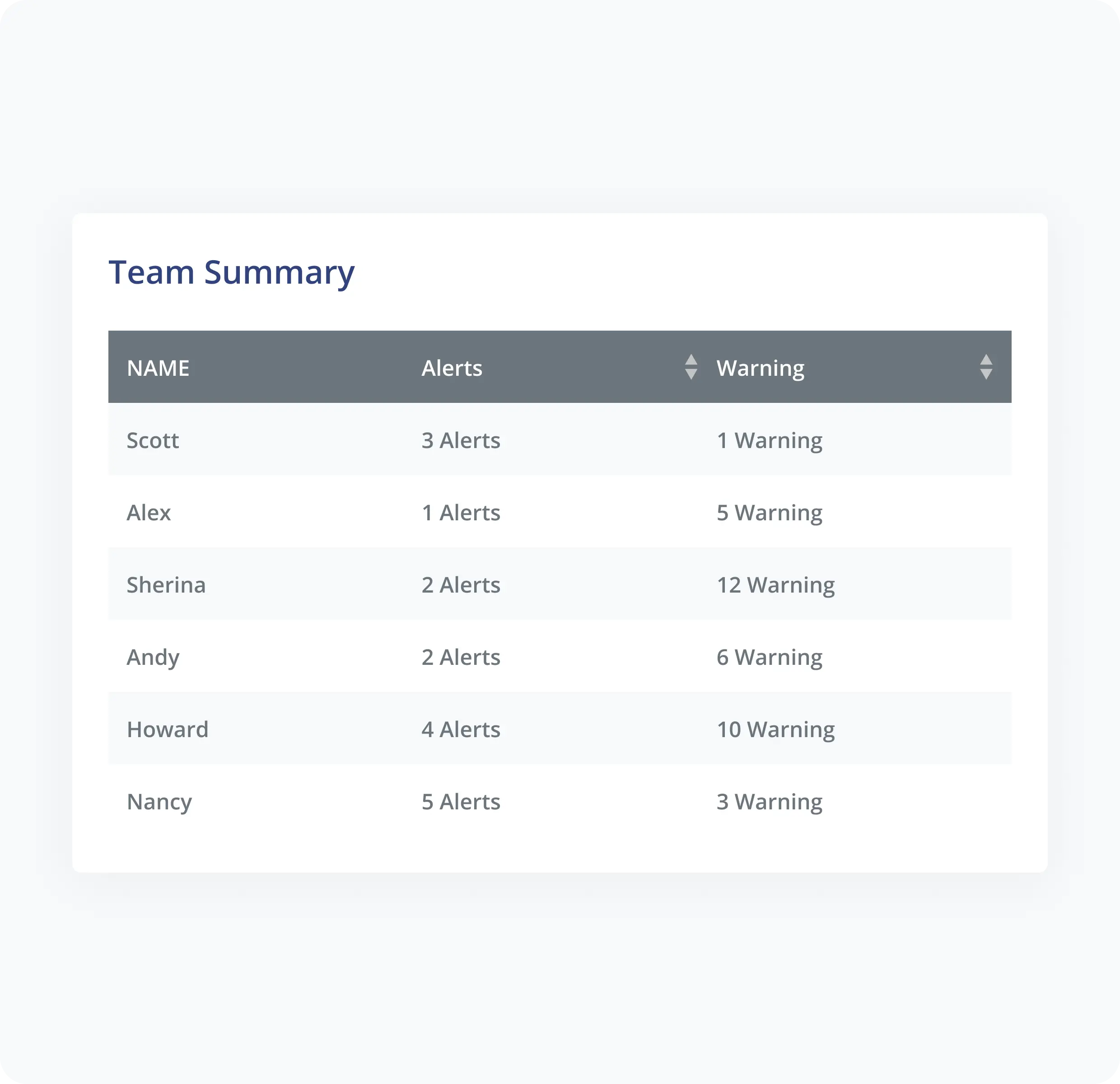 GoFreight’s Team Summary application, showing several team names and their associated alerts and warnings in one place.